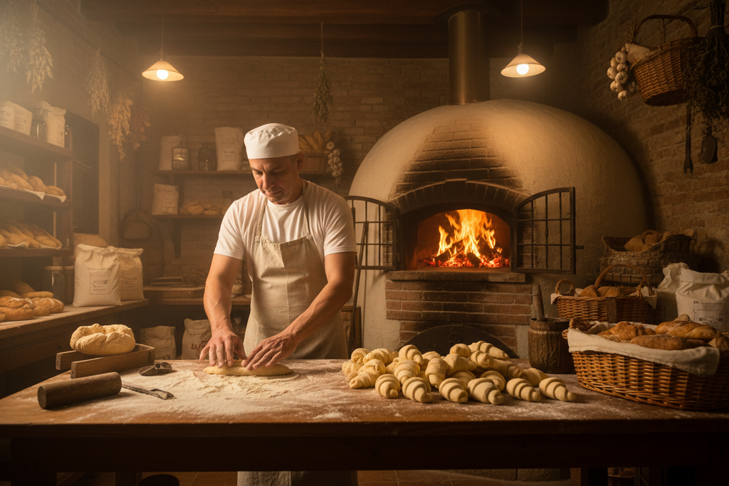 laboratorio cornetti con forno fuoco acceso